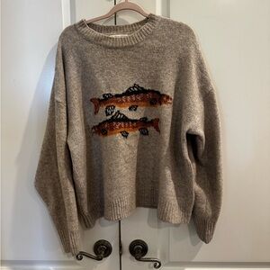 Cozy Tan  Sweater with Fish Design oversized size small never worn
